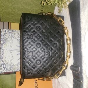 LOUIS VUITTON Lambskin Embossed Monogram Coussin MM Black - GORGEOUS!